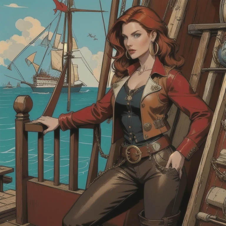 a 30 year old redheaded female pirate captain, wavy shoulder length hair, red bandana, large gold hoop earrings, loose white long sleeved blouse, brown leather vest, belt with large square buckle, long brown pants, worn leather boots, holding cutlass in dramatic pose, on deck of pirate ship in caribbean, colorful, vivid, photorealistic, 8k, masterpiece
