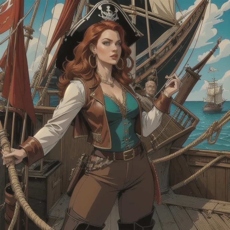a 30 year old redheaded female pirate captain, wavy shoulder length hair, red bandana, large gold hoop earrings, loose white long sleeved blouse, brown leather vest, belt with large square buckle, long brown pants, worn leather boots, holding cutlass in dramatic pose, on deck of pirate ship in caribbean, colorful, vivid, photorealistic, 8k, masterpiece