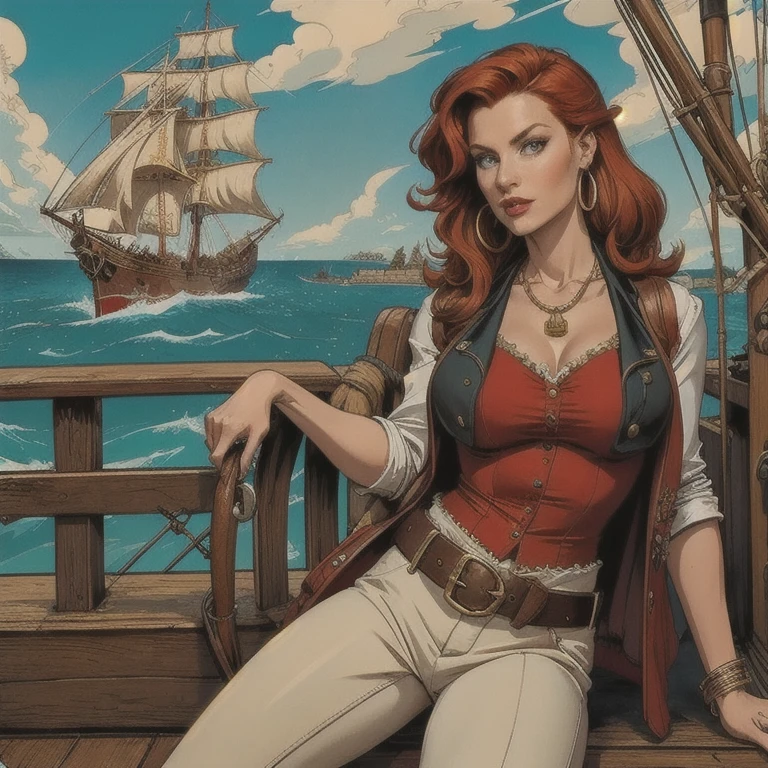 a 30 year old redheaded female pirate captain, wavy shoulder length hair, red bandana, large gold hoop earrings, loose white long sleeved blouse, brown leather vest, belt with large square buckle, long brown pants, worn leather boots, holding cutlass in dramatic pose, on deck of pirate ship in caribbean, colorful, vivid, photorealistic, 8k, masterpiece