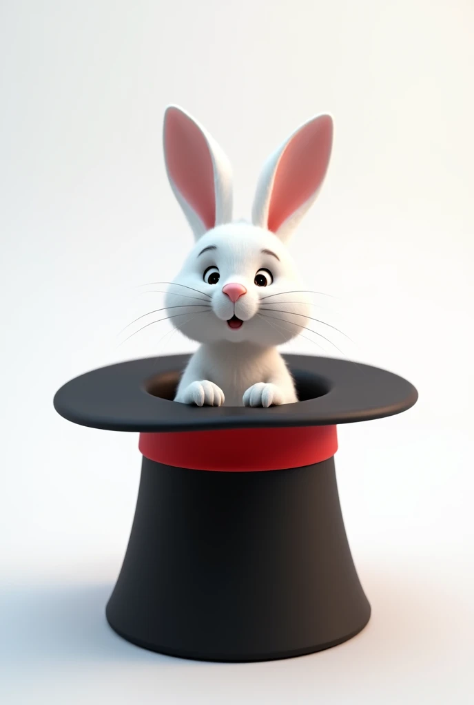 white rabbit coming out of a black magician's hat with a red band developer, facing us, 3d rendering, pixar style, (detailed digital art), stylized 3d rendering, c4d, (full height), high quality, composition, masterpiece, art station, background plain solid white