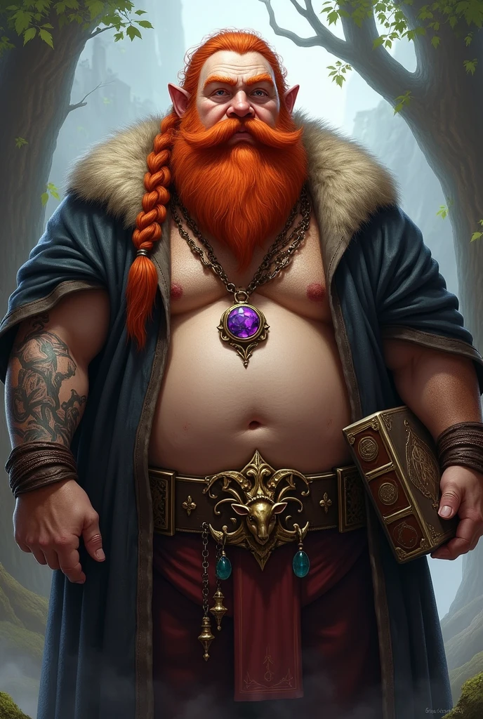 create a fantasy dwarf rpg. A corpulent dwarf, with medium beard and braided hair, both redheads. He has a large tattoo on his left arm, with rounded ears similar to humans. He wears a necklace with a large amethyst around his neck., given by his father as a symbol of good luck.
He carries a magical grimoire and wears a belt with a metal buckle engraved with a goat.. He wears robes of fine, dark-colored fabric..