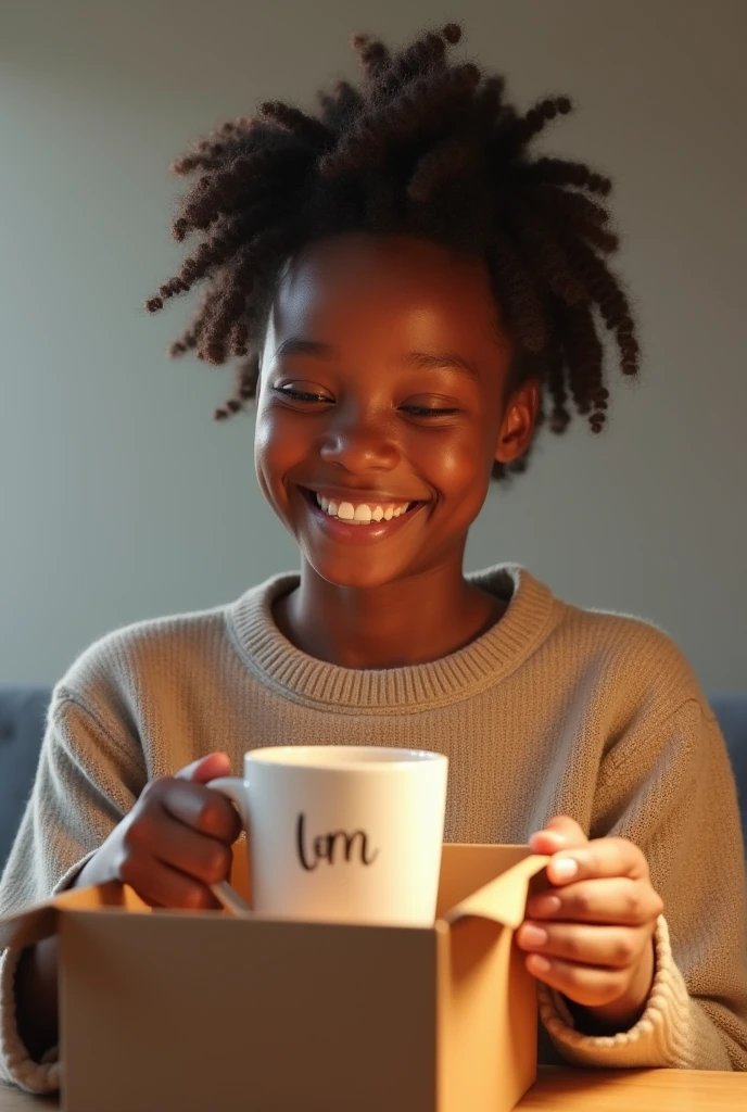 Make a profile picture of a happy person for a coffee mug gift, do it looking at the coffee cup, make it realistic, do it by opening the gift, Leave it like that but improve the cup, Just like that but more realistic, have him take the mug out of a gift box, make the cup more visible, make the box bigger, make the box open, make the box open y que se vea más la taza