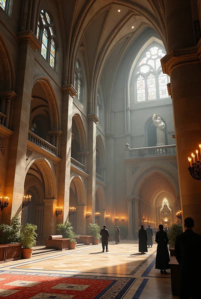 Romanesque style hotel lobby, with stone walls, ornate pillars, rounded arches, and Vaults, with religious theme