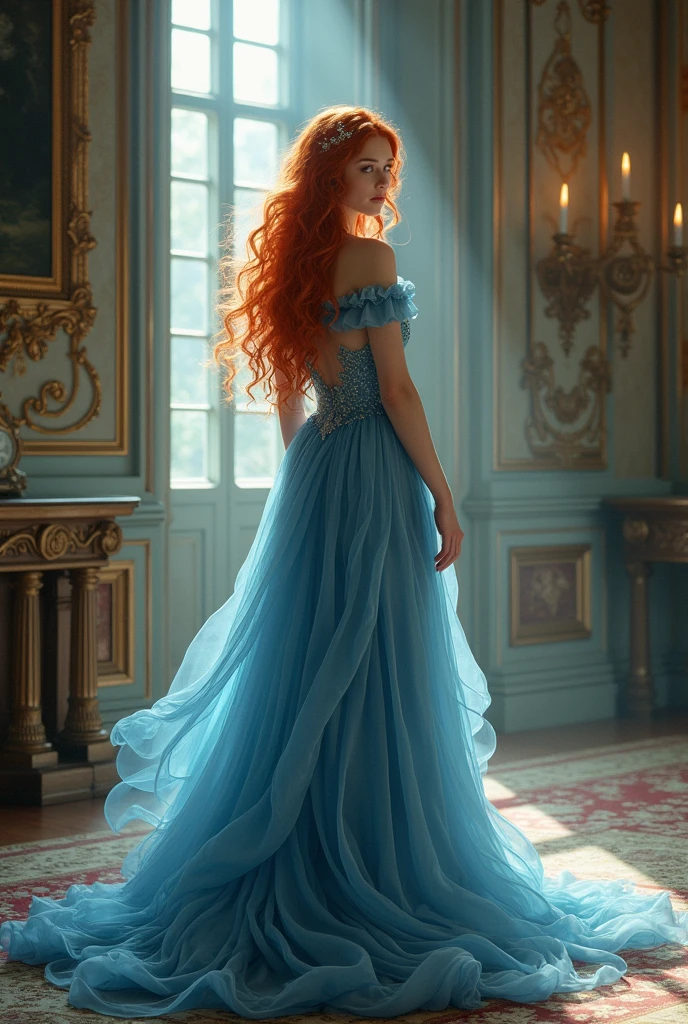 A red-haired nymph with long hair, blue eyes in a blue victorian dress in an elegant castle