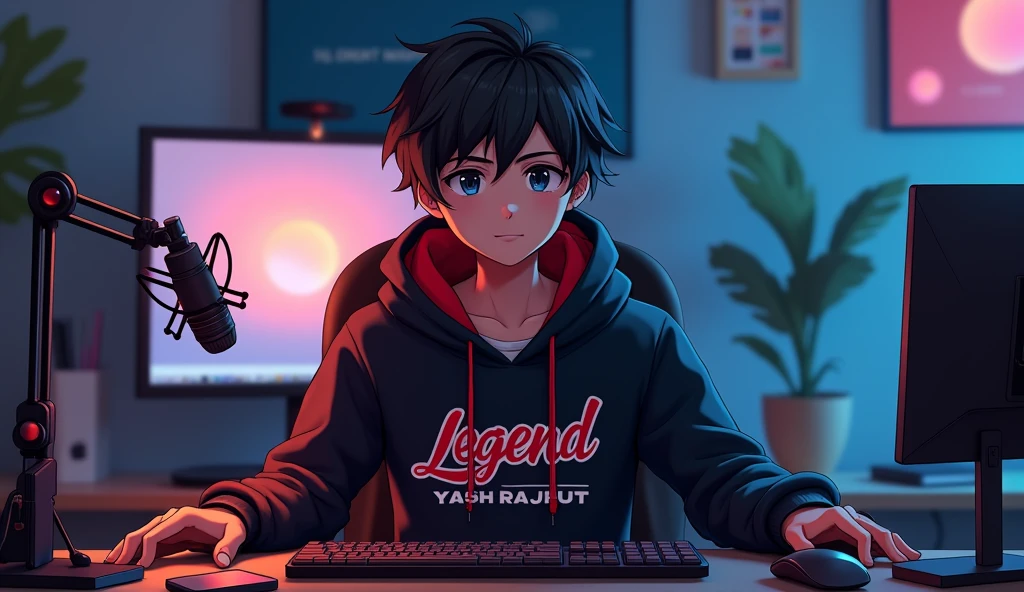 Prompt for AI AVATAR 👇
Create a image of "A 18 years anime boy sitting in front of a computer desk with a microphone and laptop, wearing black and red hoodie with the Channel Name on it "Legend Yash Rajput".show full body