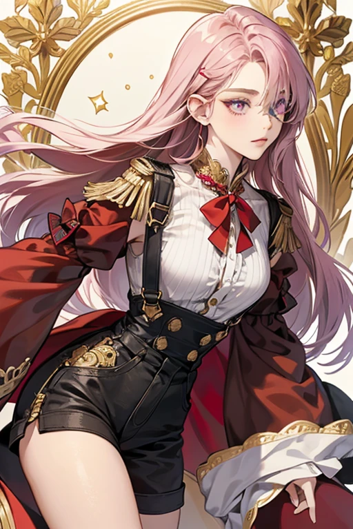 Chevreuse uses the medium female model. She has pale skin, violet eyes fading to pink, and long violet hair with the tips all swept upwards. Her front bangs have three strands that are white, and she wears a eyepatch over her left eye.

Chevruse's attire resembles that of a British guard. She wears detached sleeves white shirt, that has a detached sleeves dark brown colored overalls that go all to her thighs, bottom is similar to puffed up shorts. It’s similar to her sleeves, which are white sleeves, that have the same dark brown puffy sleeves with gold shoulder cuffs underneath is some red fabric that has golden stripes, sleeves have two gold lines going down on front and back, with small white cuff below and gloves, each have red and golden matching designs, on the white cuffs is a diamond button on them, on the wrist of the sleeves is some gold ornament, her dark brown overalls have a third layer which is a res fabric that is split at the top, before going down reaching where the thighs are, while there are two one red Fabrics that are attached to it by gold somewhat clips, the top of the red overalls have 2 rhombus shaped buttons, with the same gold clip on the bottom of the gap, and some other on the sides, being connected by some red ornament that has a gold spike on it, the whole third layer is designed with gold patterns. SPARKLE; GLITTER