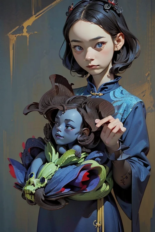 (masterpiece), (High resolution), (Very delicate), Dark atmosphere, Flat Illustration, Creepy Appearance, Characteristic hairstyle, creative accessories, Unique atmosphere、
Hell Girl、god々New Background、Blue Chinese Dress
