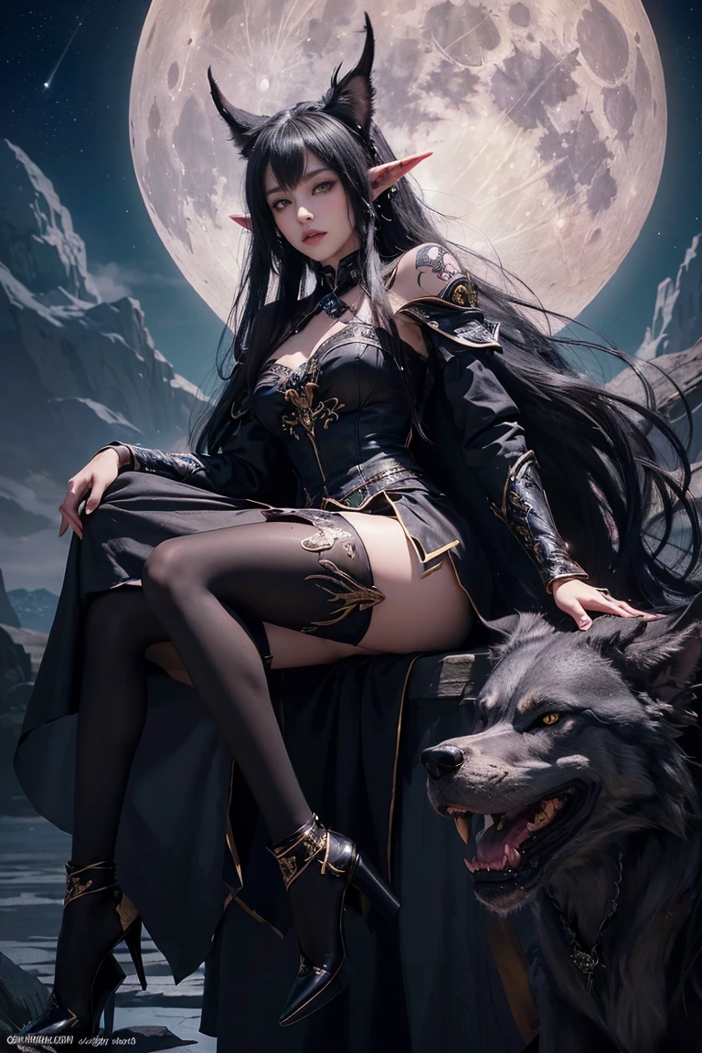 ( Absurdly , high quality , Very detailed,32K)、 (Long black hair、High Ponytail)、(((Queen of Fenrir、Dark Elf)))、(Big wolf ears and elf ears)、(A gorgeous costume modeled after the wolf god, beautifully colored down to the last detail、skirt)、 ( pantyhose、High heels)、hair ornaments、Earrings、((Tattoo))、(masterpiece, 最high quality, 最high quality, Official Art, Beauty and aesthetics: 1.2), (One person: 1.3)、(((Full moon background)))