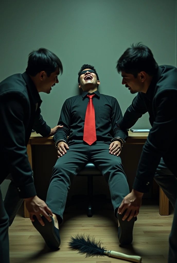 Malaysia malay handsome  21 years student 
He laugh very hard
His hand handcuff in  abondon warehouse 
Blindfolded
handcuff
Black Work Outfit Red tie
Focus feet on desk
feather duster on desk
Blacksock  on desk
2  evil mafia rub  his feet
