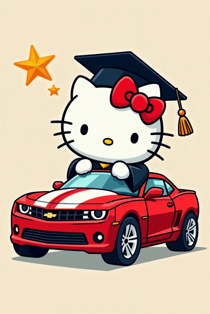 A graduated hello kitty, driving a chevrolet camaro That the image is cartoon-like and not so realistic since it is for embroidery on fabric Without details, Let it be a flat image Let the car be a Chevrolet Camaro Remove the background and leave it a base color and have the graduate cap