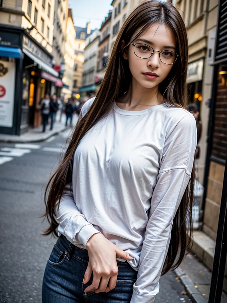 Photo of a beautiful woman standing on a street corner, (masterpiece:1.2, highest quality), (Realistic, photoRealistic:1.4), Beautiful illustrations, (Natural Side Lighting, Cinema Lighting), Written boundary depth, Beautiful thighs staring at the viewer, (((Face Focus, Upper Body))), 1 female, 30-year-old, alone, thin, slender, small breasts!!!, short hair, straight hair, Forehead, thin, slender, (((glasses))), long sleeve T-shirt, Denim pants, Are standing, Paris on a clear day with busy street in the foreground