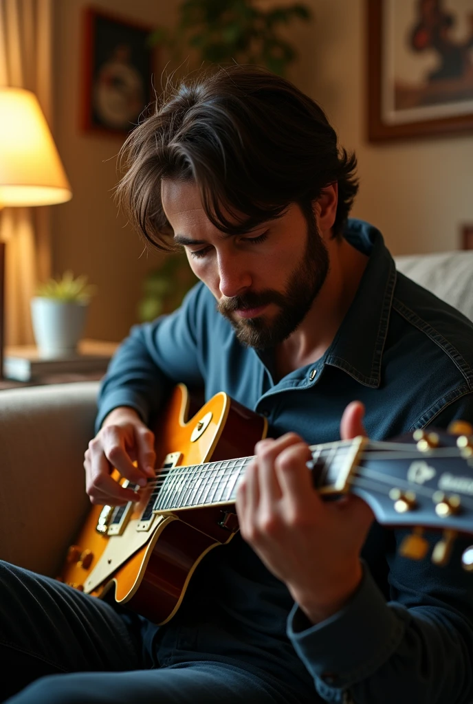 (Photorealism:1.1) a man with dark brown hair and brown eyes playing a Gibson Les Paul on the couch at home 8k ultra realistic super detailed