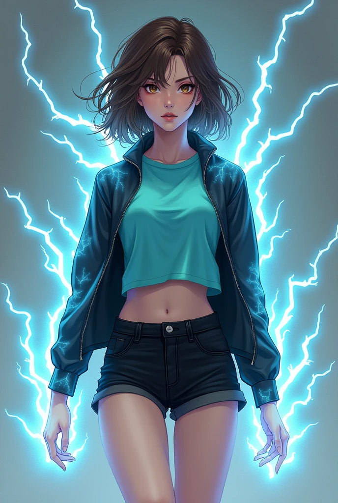 a girl of about , His body emits almost transparent energy that freezes whatever it touches., It also emits slight electrical rays from its body., She is very white with wavy brown hair and a little messy and it has to be her long hair and she has light brown eyes, She also has the features of a Spanish girl., The image must be full body, He is wearing black shorts and a turquoise t-shirt and a black jacket. , She has small breasts, has wide hips, You have to have a serious expression, It has to be an anime girl
