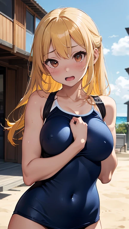 mastute piece,Best Quality,insanely detailed,8k cg,nsfw,
(shoot upper body:1.3),
(1girls:1.3),standing,looking at viewr,body in front,((both arms behind back:1.4)),(navy blue school swimsuit:1.2,waitress:1.2,apron:1.4),エプロン:1.4、(bare breasts),break,
blush,shy,(ecstasy face),(trembling:1.2),break,(light yellow hair:1.2),
break,
perfect breasts,perfect teats,(open mouth:0.9),(large breasts:1.3),
(beach house:1.1),restaurant,