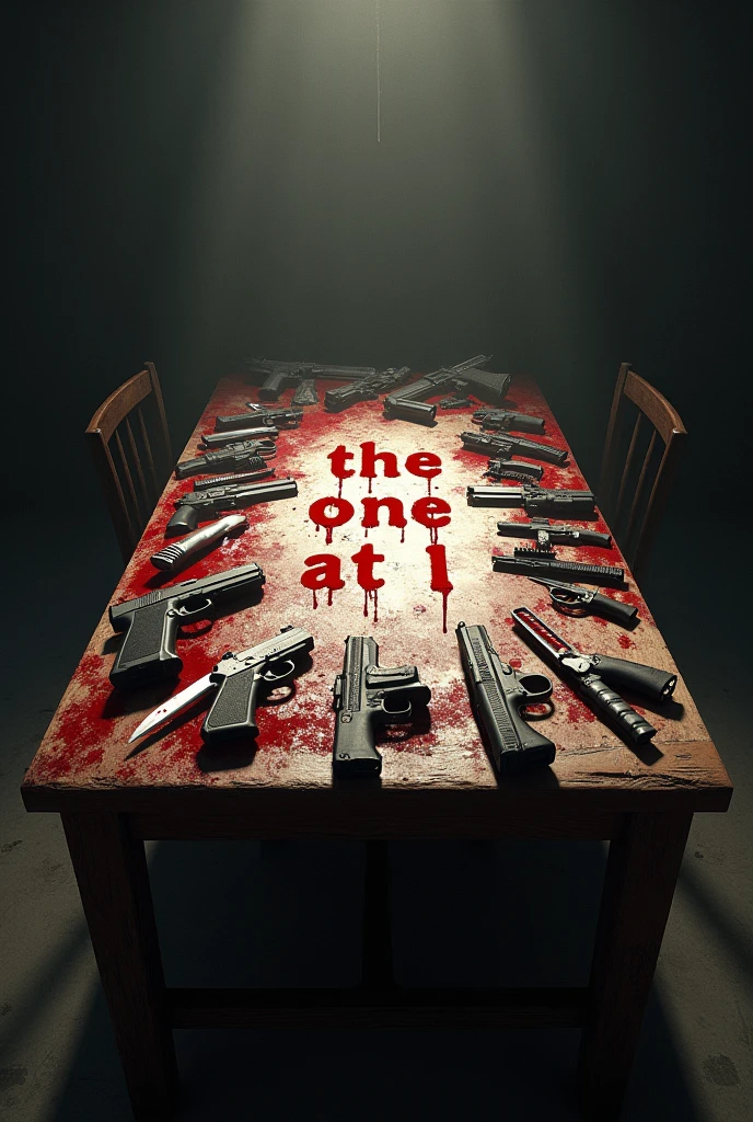 Table with weapons and blood stains writing "The One At 1"