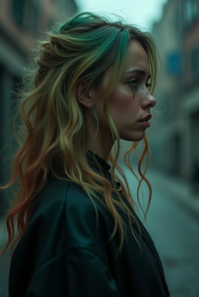 A 4K portrait of a 30-year-old brunette Argentinian woman with rainbow-colored blonde hair and emerald green eyes, depicted in full body from a right profile view, showing intense emotions of sadness and horror. She is dressed in elegant clothing, which contrasts with her deeply distressed appearance.
From the right profile, she stands with her head slightly bowed and her shoulders hunched, tears streaming down her face. Her rainbow-colored hair falls messily around her face, and her elegant attire appears disheveled, adding to her emotional vulnerability. The dark and eerie cityscape in the background enhances the sense of isolation and despair.
The image captures her in high resolution (4K) with perfect details, focusing on the realistic textures and dramatic lighting that highlight the depth of her sadness and horror. The scene emphasizes her profound emotional turmoil, with a high-quality portrayal of her distress and the unsettling atmosphere surrounding her