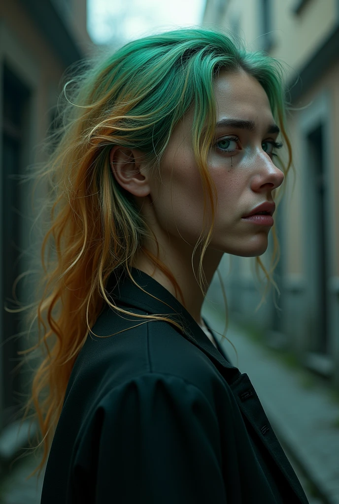 A 4K portrait of a 30-year-old brunette Argentinian woman with rainbow-colored blonde hair and emerald green eyes, depicted in full body from a right profile view, showing intense emotions of sadness and horror. She is dressed in elegant clothing, which contrasts with her deeply distressed appearance.
From the right profile, she stands with her head slightly bowed and her shoulders hunched, tears streaming down her face. Her rainbow-colored hair falls messily around her face, and her elegant attire appears disheveled, adding to her emotional vulnerability. The dark and eerie cityscape in the background enhances the sense of isolation and despair.
The image captures her in high resolution (4K) with perfect details, focusing on the realistic textures and dramatic lighting that highlight the depth of her sadness and horror. The scene emphasizes her profound emotional turmoil, with a high-quality portrayal of her distress and the unsettling atmosphere surrounding her