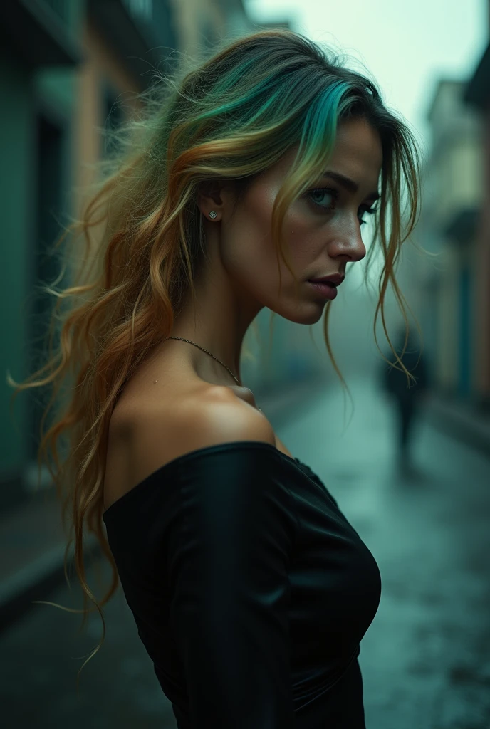 A 4K portrait of a 30-year-old brunette Argentinian woman with rainbow-colored blonde hair and emerald green eyes, depicted in full body from a right profile view, showing intense emotions of sadness and horror. She is dressed in elegant clothing, which contrasts with her deeply distressed appearance.
From the right profile, she stands with her head slightly bowed and her shoulders hunched, tears streaming down her face. Her rainbow-colored hair falls messily around her face, and her elegant attire appears disheveled, adding to her emotional vulnerability. The dark and eerie cityscape in the background enhances the sense of isolation and despair.
The image captures her in high resolution (4K) with perfect details, focusing on the realistic textures and dramatic lighting that highlight the depth of her sadness and horror. The scene emphasizes her profound emotional turmoil, with a high-quality portrayal of her distress and the unsettling atmosphere surrounding her