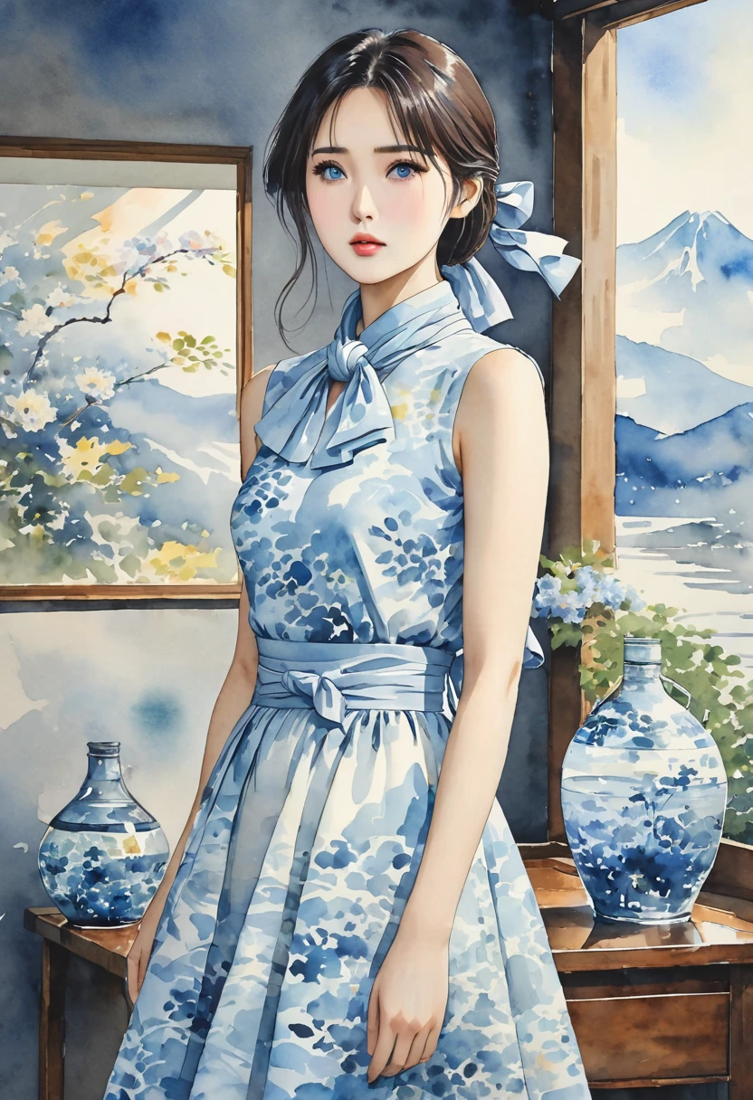 8K,Masterpiece,Best picture quality,Dynamic pose,Long haired beauty,Serious face: 1.6,Japanese beauty,((Carboy shot, change of plan)),Sleeveless midi dress with high neck, large bow elegantly tied around the neck. The waist fits snugly and the A-line skirt extends gracefully to mid-calf. A delicate abstract pattern inspired by watercolor painting makes the dress' soft light blue color calm and sophisticated. The pattern features a subtle gradation of light blue and white, creating a sophisticated and elegant look that is both feminine and soothing,(((Watercolor))))