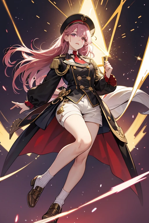 Chevreuse uses the medium female model. She has pale skin, violet eyes fading to pink, and long violet hair with the tips all swept upwards. Her front bangs have three strands that are white, and she wears a eyepatch over her left eye. Under her puffy shorts are two white Fabrics that are cut into somewhat triangle shapes, both having the same gold patterns, while there’s a thin fabrics going between them, resembling an arrow. She wears long white socks, that have a red line on their side. Even having gold clips on the side of her feet, and she wears dark brown shoes. Her pants are also designed with darker brown color designs, with red also. Two gold clips above the red triangle patterns on the shorts, and two large gold clips on the side of her shorts.
She wears some neckwear, that kinda resembles a ruff, and a second layer of neckwear that's dark brown, with red lining under the other attached layer of the second layer that looks like a tie. With a gold spark on it, and a another but a more bigger one on the center, with two more borders, also has two neckwear that are similar to headphones, both are dark brown with red inside, and gold designs. Her hat is large straight up hat (like a British bodyguard’s hat), it’s a dark brown color, having gold designs, and some red. her Pyro Vision is on the back, being hold by two gold chains. SPARKLE; GLITTER