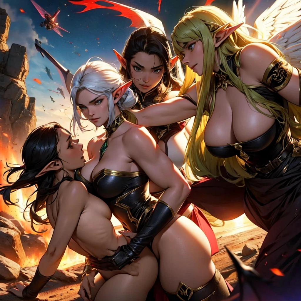fighting alongside a trio of beautiful Elf women, angel, demons, super sensual defeating a squadron of black demons.