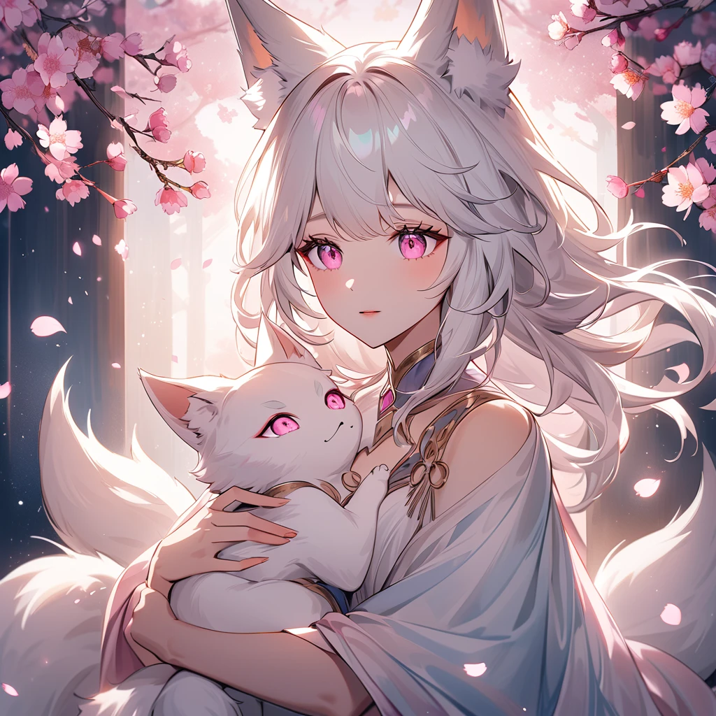 A digital illustration of a kitsune with long white hair and pink eyes, holding a baby kitsune with similar long white hair and pink eyes in her arms. The adult kitsune has an ethereal, serene expression, her flowing white hair cascading down her shoulders, her fox ears peeking through. The baby kitsune is cradled gently, her small hands resting on her mother's chest, looking curiously with her bright pink eyes. The scene is softly lit, with a dreamy, magical atmosphere, surrounded by soft pink cherry blossom petals floating around them, fantasy, folklore, gentle light, pastel colors, whimsical style.