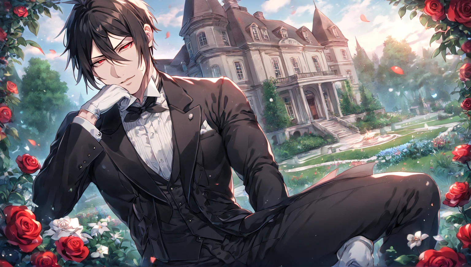 absurdres, highres, ultra detailed, HDR, master piece, Sebastian Michaelis, black hair, expressive red eyes, black clothes, white gloves, black pants, Kuroshitsuji, sexy man, handsome, best quality, fantasy, magical, solo, sensual, garden, mansion, Black Butler, manly man, mature man, adult face, 