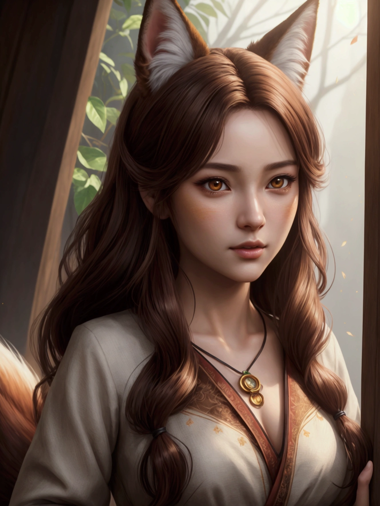 picture perfect, realistic, vibrant, fox girl with brown hair, beautiful female kitsune, digital illustration, beautiful illustration, beautiful digital artwork, exquisite digital illustration, realistic digital art, realistic style digital art, ultra high quality female character design, complex ultra high quality accurate faces of female characters, high quality design and accurate physics, ultra high quality fantasy style, masterpieces, super high quality characters, resolution - 8K, realistic art, ultra-high facial detail, quality design and physics accuracy, by color, shadows, Highly detailed hair, depth of field, ray tracing, Best quality, 8K, masterpiece, HDR