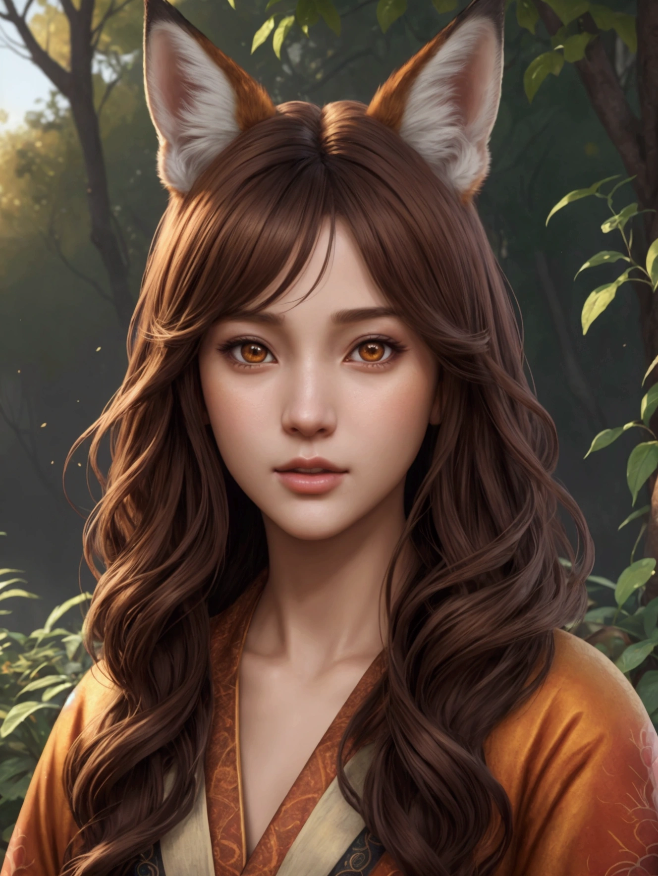 picture perfect, realistic, vibrant, fox girl with brown hair, beautiful female kitsune, digital illustration, beautiful illustration, beautiful digital artwork, exquisite digital illustration, realistic digital art, realistic style digital art, ultra high quality female character design, complex ultra high quality accurate faces of female characters, high quality design and accurate physics, ultra high quality fantasy style, masterpieces, super high quality characters, resolution - 8K, realistic art, ultra-high facial detail, quality design and physics accuracy, by color, shadows, Highly detailed hair, depth of field, ray tracing, Best quality, 8K, masterpiece, HDR