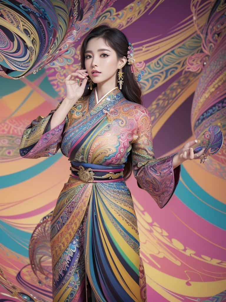 (masterpiece, top quality, best quality, official art, beautiful and aesthetic:1.2), (1girl:1.3), extremely detailed,(fractal art:1.1),(colorful:1.1),highest detailed,(zentangle:1.2), (dynamic pose), (abstract background:1.5), (japanese dress:1.2), (shiny skin), (many colors:1.4), ,(earrings:1.4),