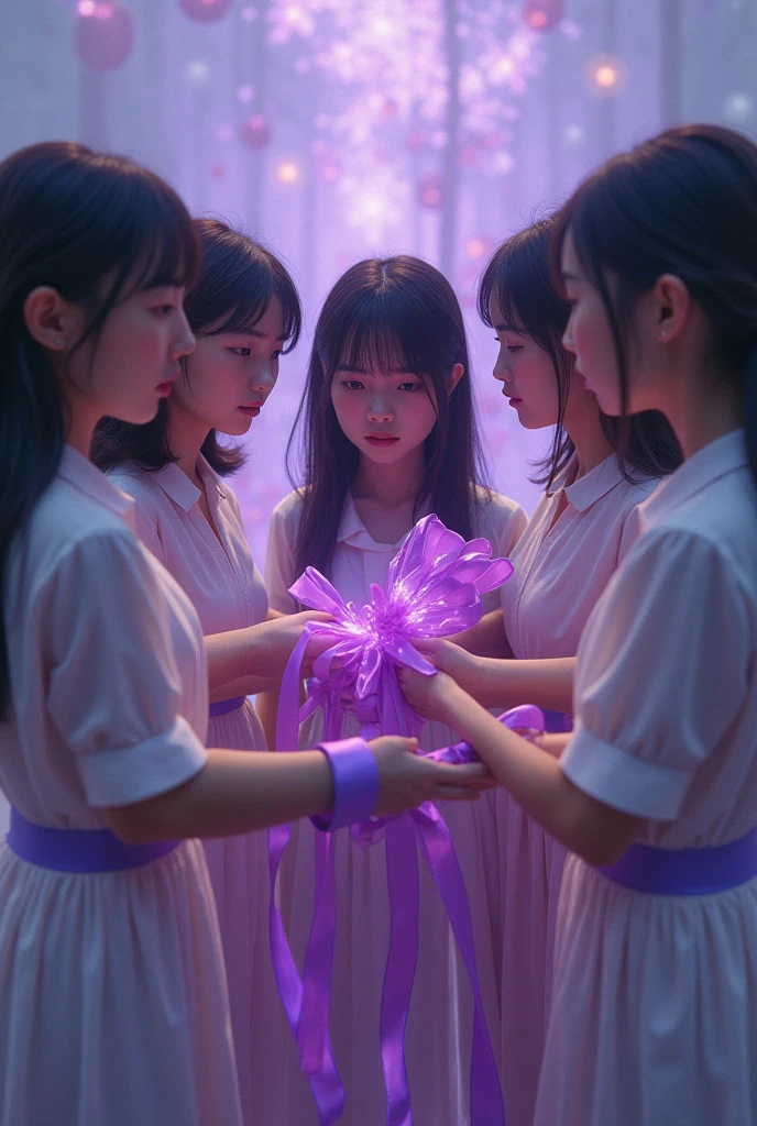 10 Girls Tied Together by a Purple Ribbon on Their Surreal Wrist