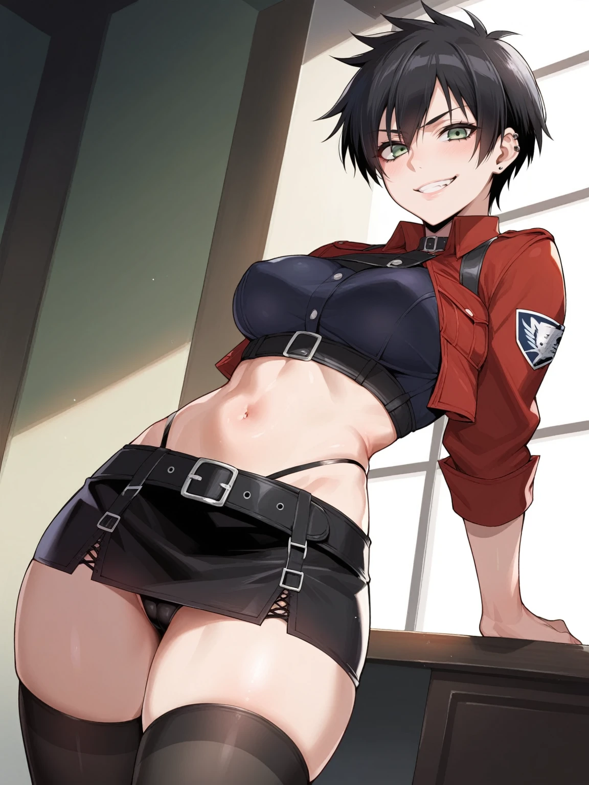 source_anime, rating_explicit, score_9, score_8_up, score_7_up, goth, gothic, black hair, short_hair, looking at viewer, crop top, skirt, thighhighs, black clotges, hellsing, goth girl, ikuchan, smirk, green eyes, smirk, standing, indoors, portrait, masterpiece, face focus, multicolored_hair, tomboy