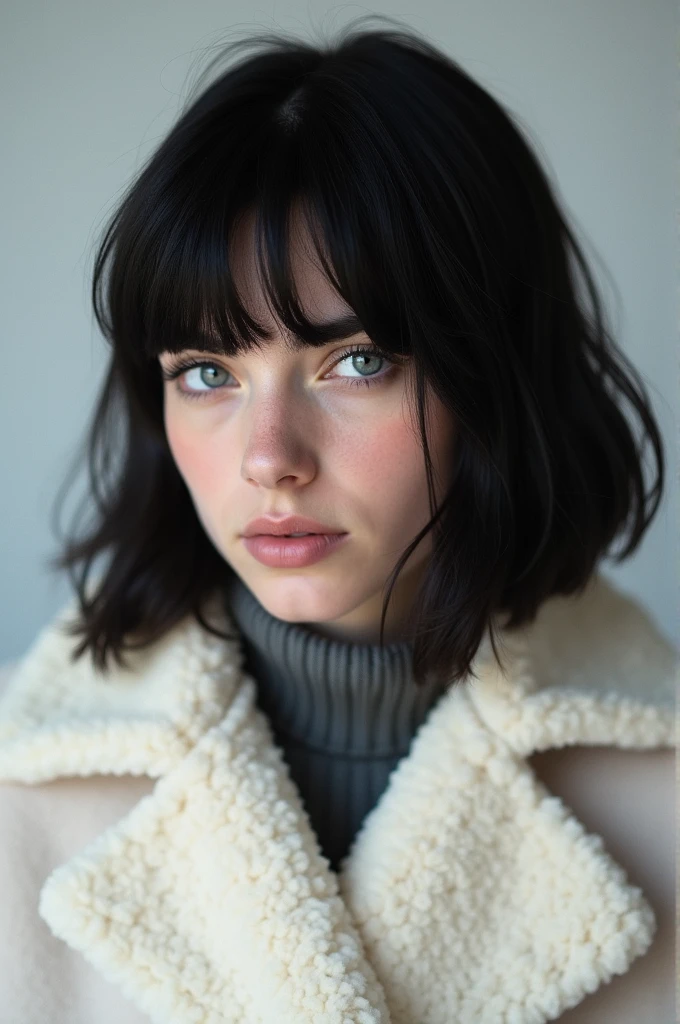 Real life, White young man with black hair, Bangs in the hair, shoulder length hair with Bangs, ushanka, russian, white coat