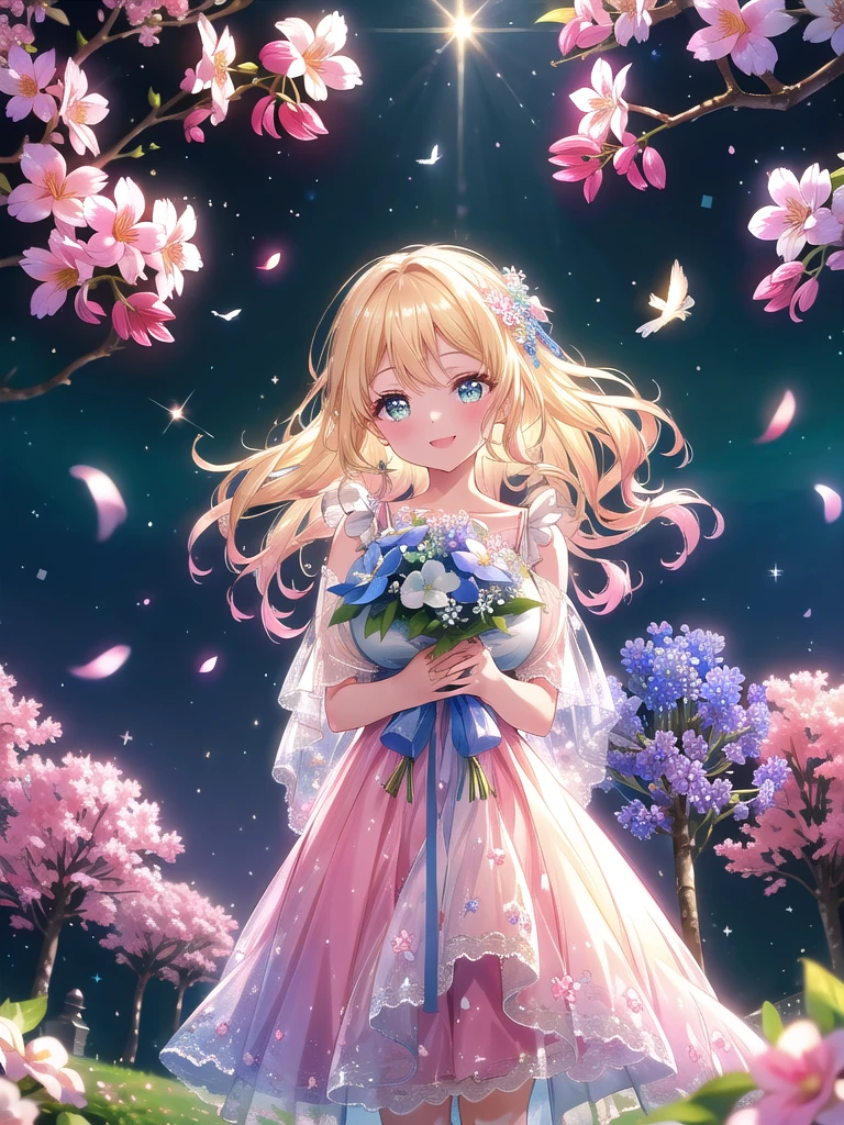 ((8k, Highest quality, masterpiece: 1.3)),Ultra-high resolution,(1 girl, alone), (Color changing eyes, Ultra-detailed, Expressive brilliance, Glitter, Glowing Eyes), Highly detailed eyes, Highly detailed face, Random Hair, ((pastel colour))Imagine a woman in a lush garden during springtime, surrounded by blooming cherry blossom trees and colorful flower beds. She’s holding a large, exquisite bouquet of pink cherry blossoms, mixed with light blue delphiniums and white orchids, wrapped in a soft, sheer pink fabric with a delicate ribbon. The bouquet is voluminous and gracefully arranged, exuding a sense of elegance and natural beauty. She’s dressed in a simple, light green sundress with a subtle floral pattern, her medium-length blonde hair styled in soft waves that catch the gentle breeze. She extends the bouquet toward the camera with both hands, her smile radiant and her eyes filled with joy, as if she’s about to hand over the bouquet in a heartfelt gesture of congratulations. The background is filled with blooming trees, a small fountain, and birds chirping in the distance, with sunlight filtering through the blossoms, casting gentle sparkles that add a whimsical, fairy-tale quality to the scene.