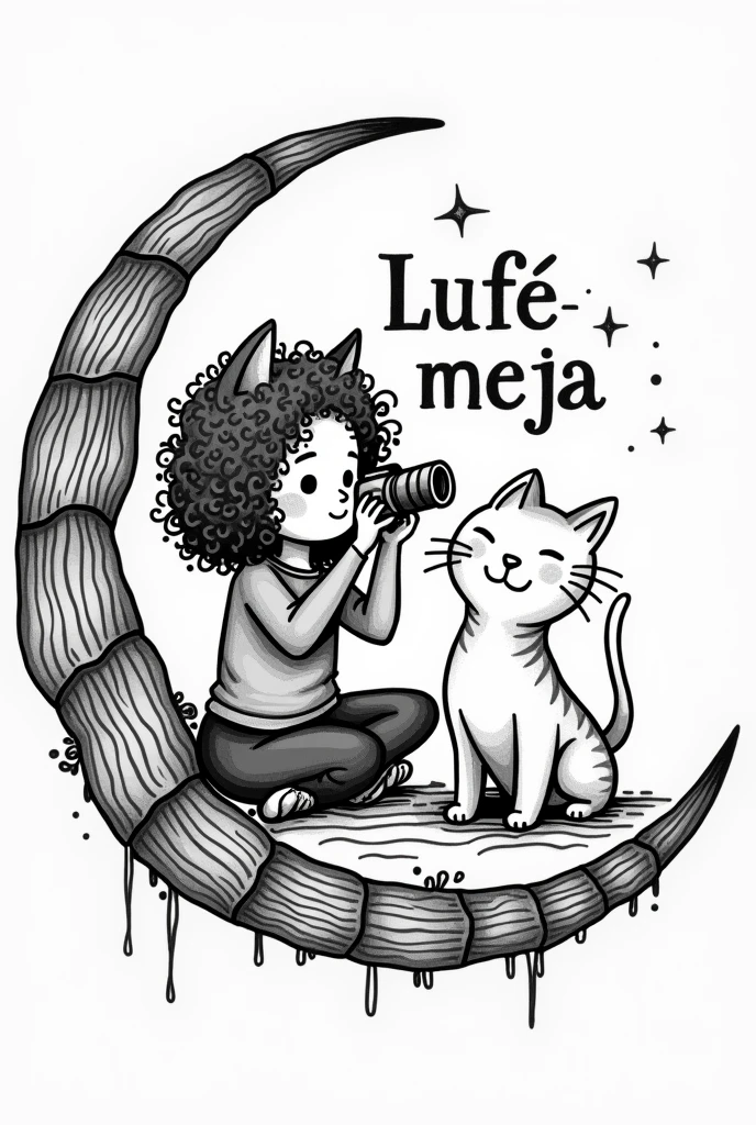 Create an EASY TO DRAW stamp , A CAT AND A DOG. AND THAT THE NAME LUFEMEJA HAS BLACK AND WHITE INSIDE A MOON AND A CURLY GIRL WITH A CAMERA LENS ,DE ACUERDO A INong, IN. (1999). In Principles of Color Design (2a. ED.). Centro cultural HaEDo. Pp. 26-32 Y • INong, IN. (1997). In Fundamentals of two- and three-dimensional design. Book. Pp. 41-48