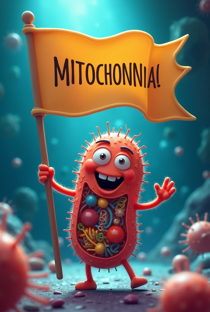 An animated mitochondrion with a flag that says "Proud descendant of Alpha-Proteobacteria". Mitochondria are dancing and showing how they divide and replicate inside the cell, as if it were part of the show.