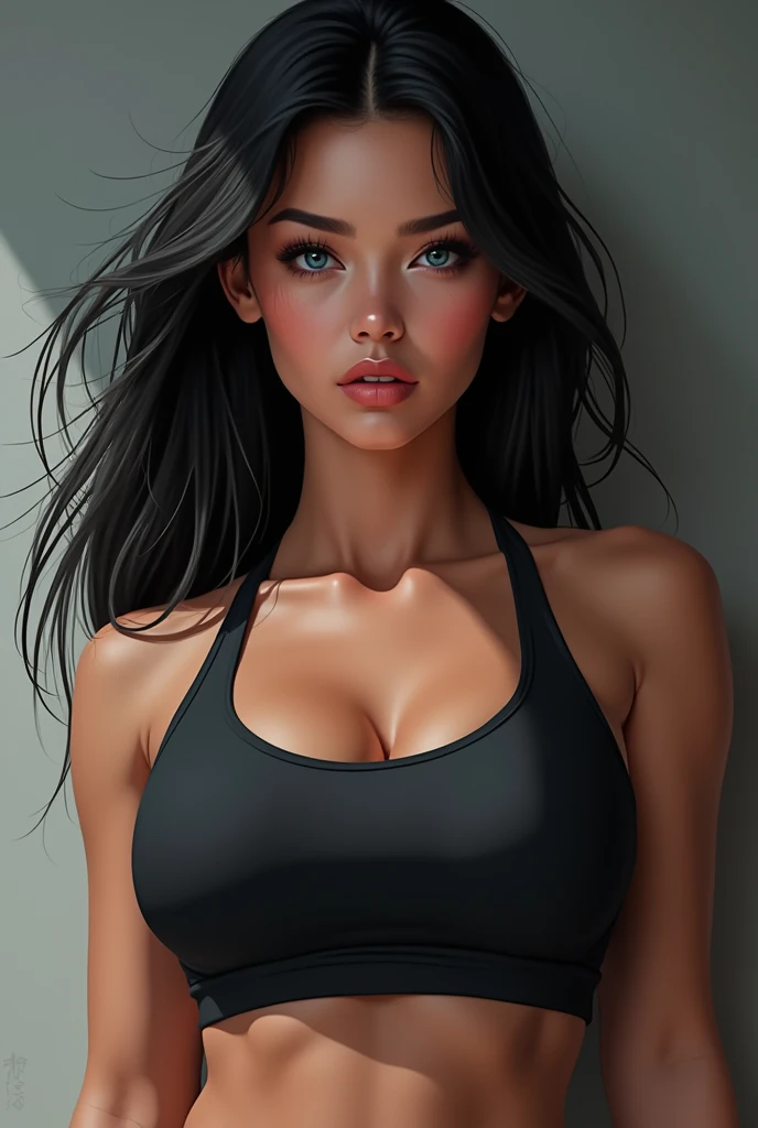 Beautiful black haired girl with blue eyes and big visible breasts in workout clothes