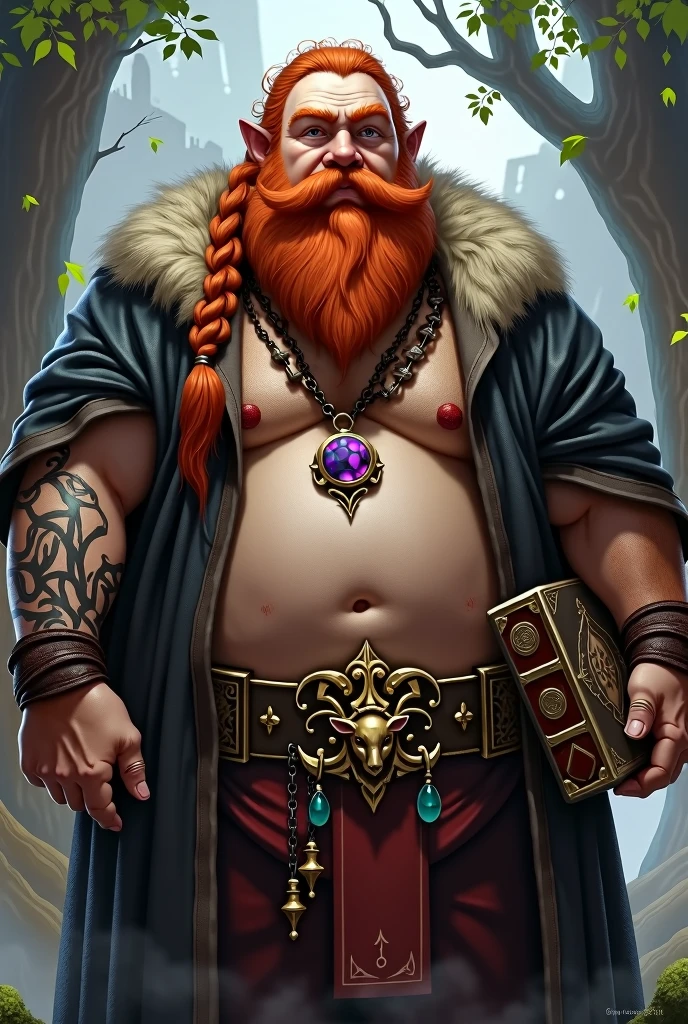 create a fantasy dwarf rpg. A corpulent dwarf, with medium beard and braided hair, both redheads. He has a large tattoo on his left arm, with rounded ears similar to humans. He wears a necklace with a large amethyst around his neck., given by his father as a symbol of good luck. 
He carries a magical grimoire and wears a belt with a metal buckle engraved with a goat.. He wears robes of fine, dark-colored fabric..
