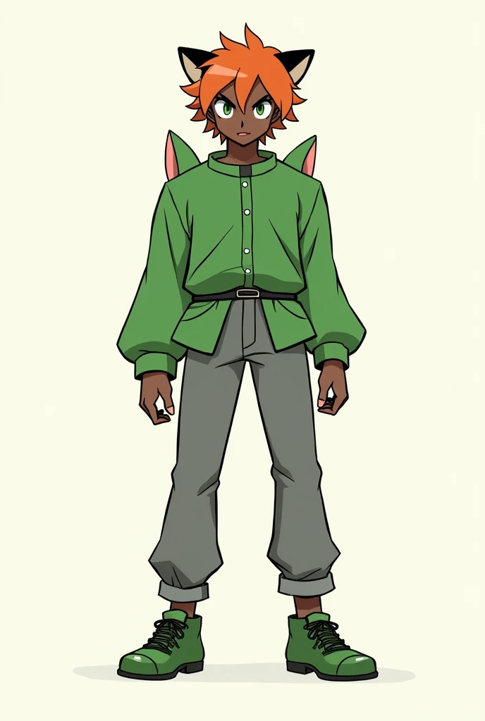 naughty man, Height: 1,75, eyecolor: green dark, hair-color: orange, , black skin tone, wears a green blouse with cat ears drawn on the blouse, gray pants and green shoes, drawing style of the Manga Jujutsu Kaisen by author Gege Akutami.