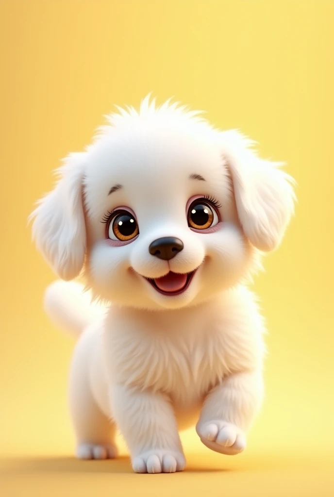 Create an animated image of a white puppy with golden eyes on a pastel yellow background