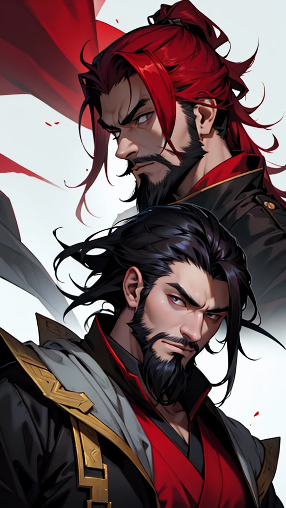 vampyre. Cao Cao. stark. Youngh. sem beard. Stately. Dark black eyes. black and red hair. Dual color hair. Russian general&#39;s outfit.