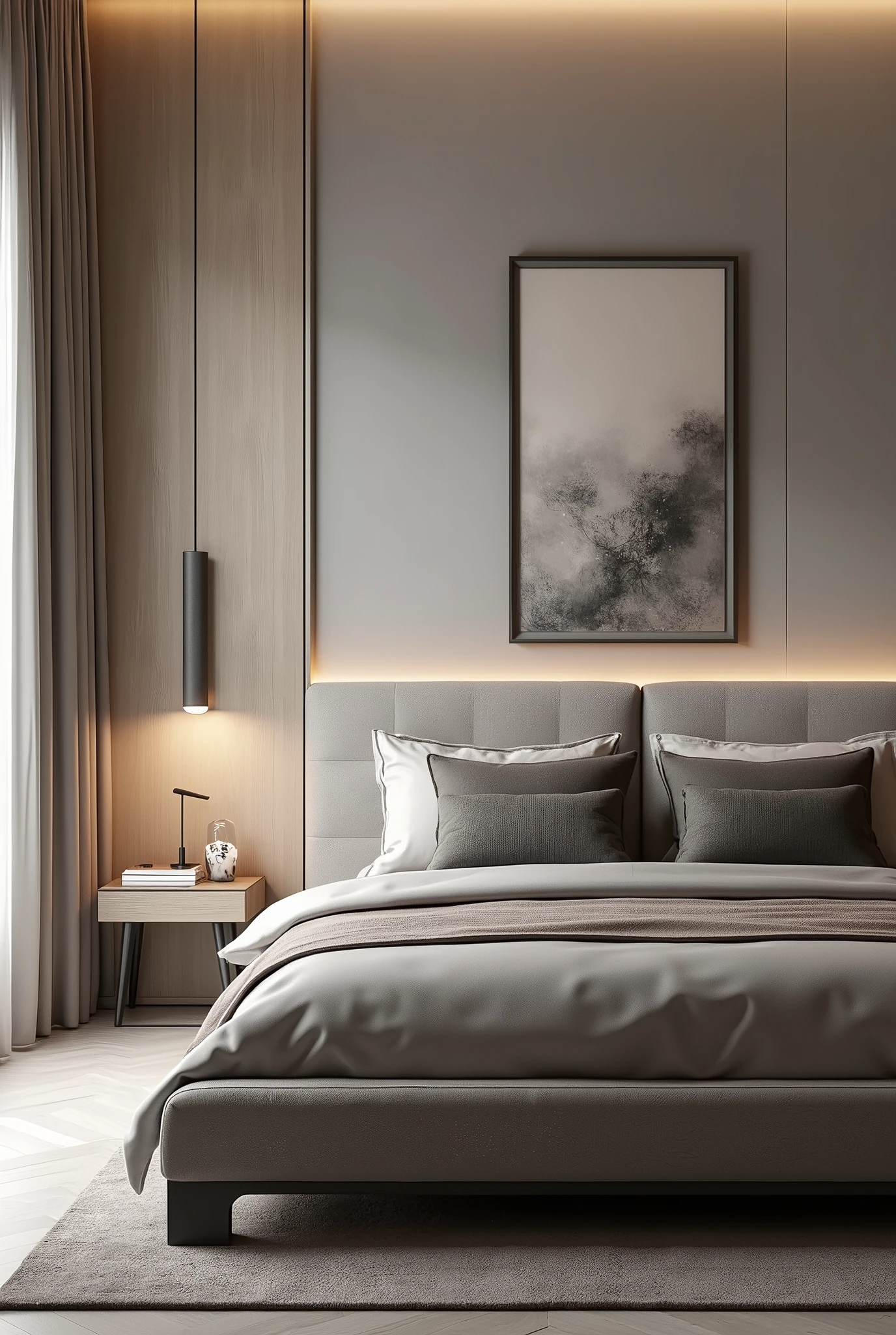Create an interior design image of a modern and sophisticated bedroom. The bedroom should have a bed with bedding in neutral tones., including light gray and beige, complemented by cushions in darker tones. The headboard should be minimalist, with wood panels or similar material, and a modern work of art positioned centrally above the bed. Add a sleek, modern table lamp to one side of the bed, emitting a soft light. The environment should convey a feeling of comfort, elegance and a contemporary touch.