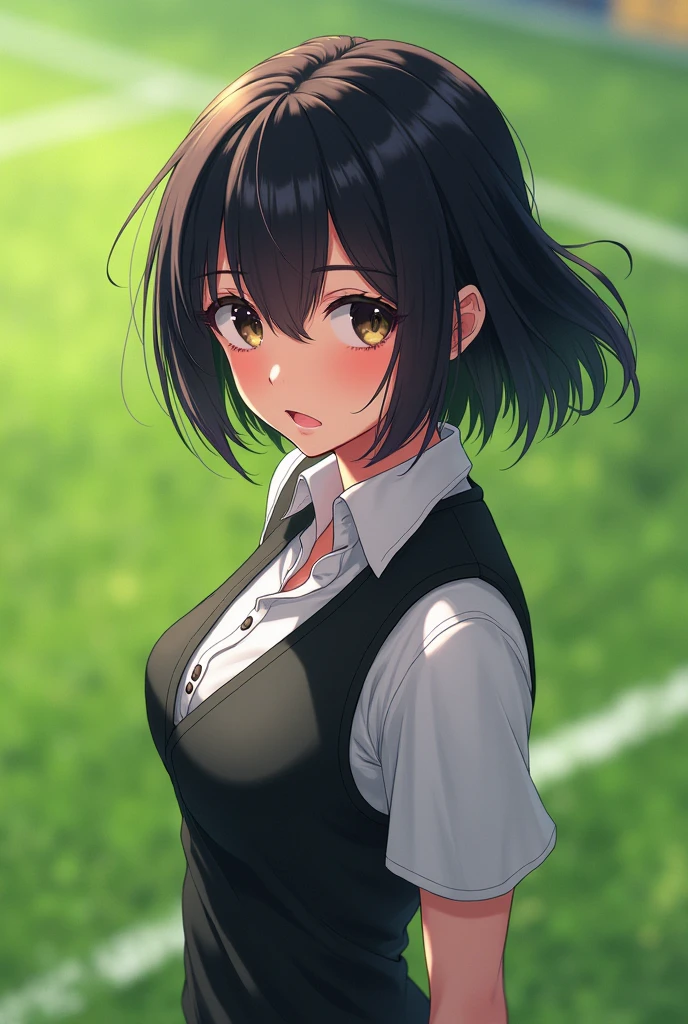 Sexy soccer player with black hair on a field, she has a blouse with a vest on top. 2d anime style