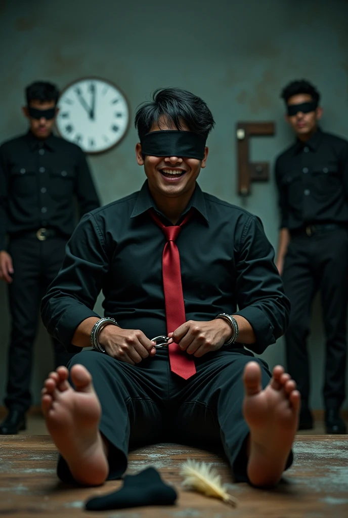Malaysia malay handsome 21 years student
He laugh very hard
His hand handcuff in abondon warehouse
Blindfolded
handcuff
Black Work Outfit Red tie
Focus feet on desk
feather duster on desk
Black sock on desk
2 evil mafia rub his feet