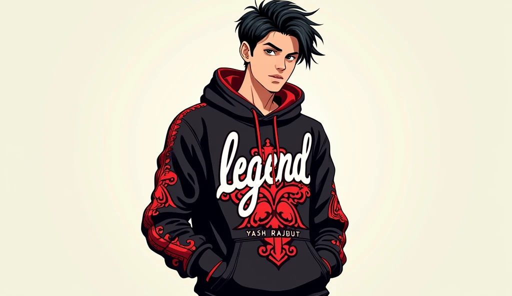 Prompt for AI AVATAR 👇
Create a image of "A 18 years anime boy wearing black and red hoodie with the Channel Name on it "Legend Yash Rajput".show full body