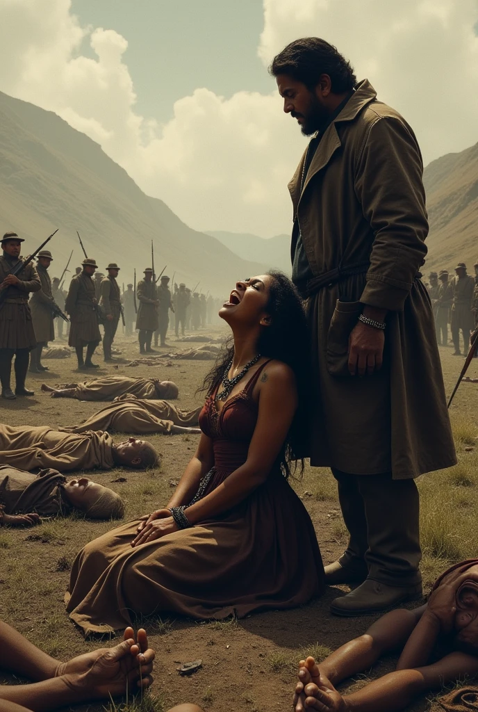 Image of a man pointing at a kneeling Andean woman with her hand tied and crying for her life, In the panorama you can see many bodies of Andeans, both women and men, with more terrorists with their weapons in their hands.