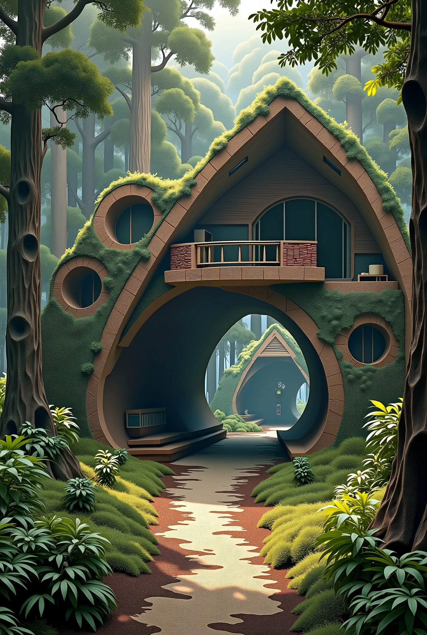 in the forest ièm staring to build a giant corridor with the ground earth ((((( keeping the earth as the ground ))))) and using the trees as my posts and creating an original roof modern, geos far and long there are no real house as we know them roof in wood and windows, kitchen fire plce brique rocks... indiens living outside

