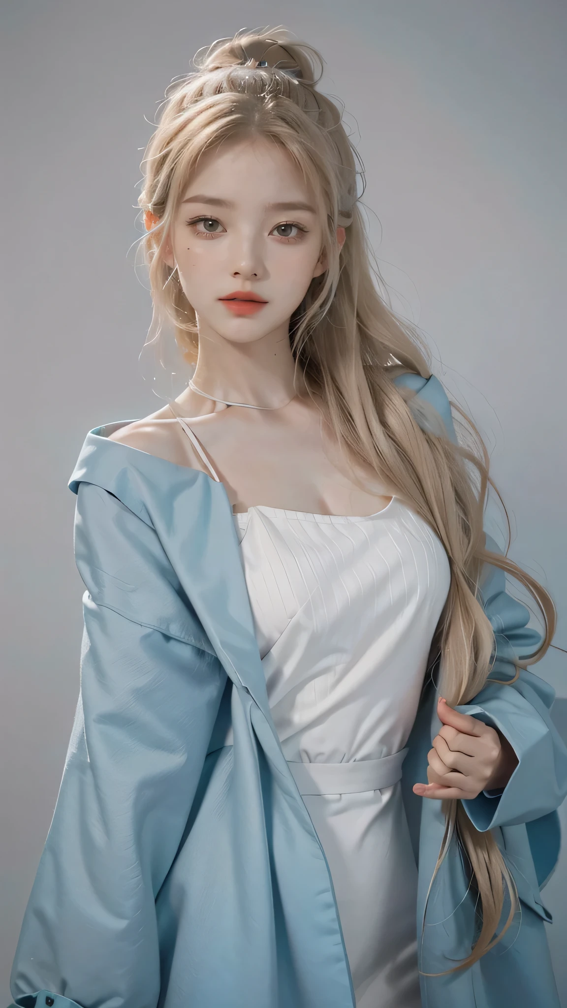 Girl wearing, luxury cyan coat, shoulder length hair, wavy hair, glowing skin, star in eye, red lips, grey background, cute poses , upper body, light blonde hair, full covered clothing.