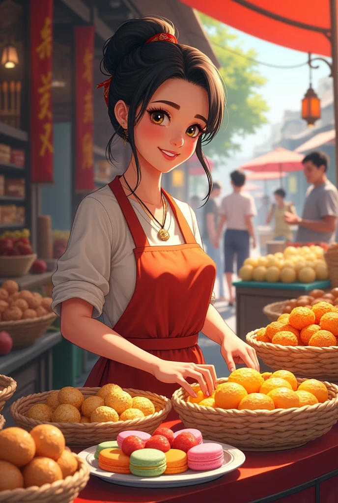 Woman selling savory and sweet snacks