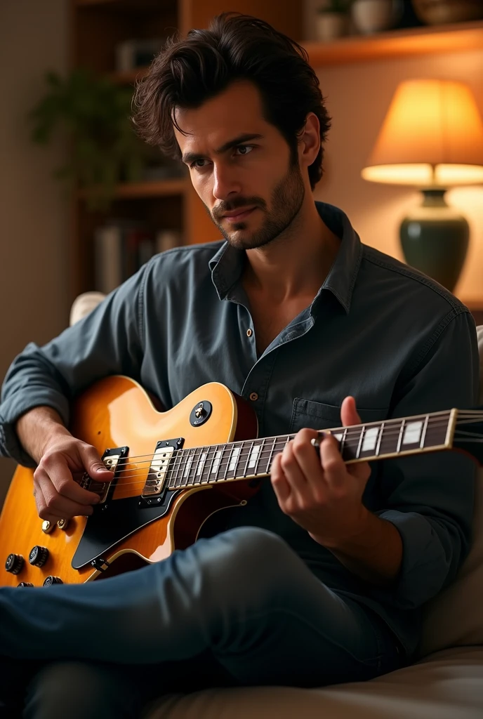 (Photorealism:1.1) a man with dark brown hair and brown eyes playing a Gibson Les Paul on the couch at home 8k ultra realistic super detailed